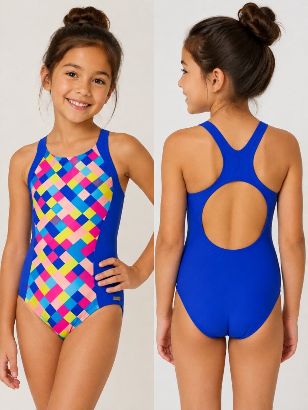Girls Blue One Piece Swimsuit M 9-11 Colorful Print